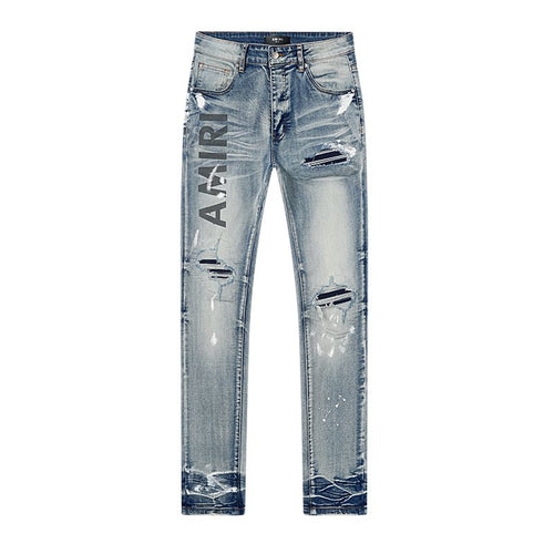 Amiri Light Blue Distressed Leg Print Jeans ¡ª front